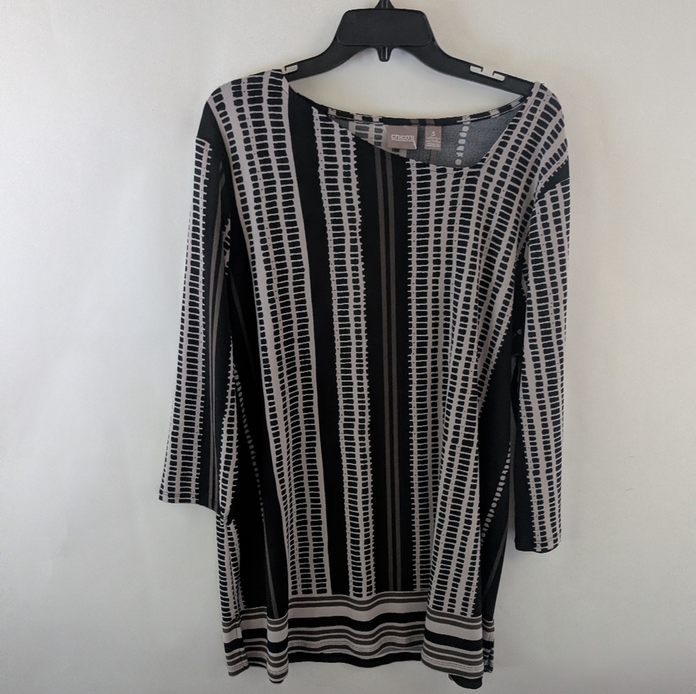 Chico's Striped Tunic Size 3 XL Black Brown Patterned Shirt